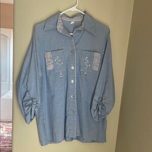 Blue Button-Up Shirt with Embroidered Details